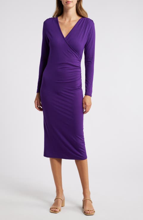 Long Sleeve Faux Wrap Midi Dress
