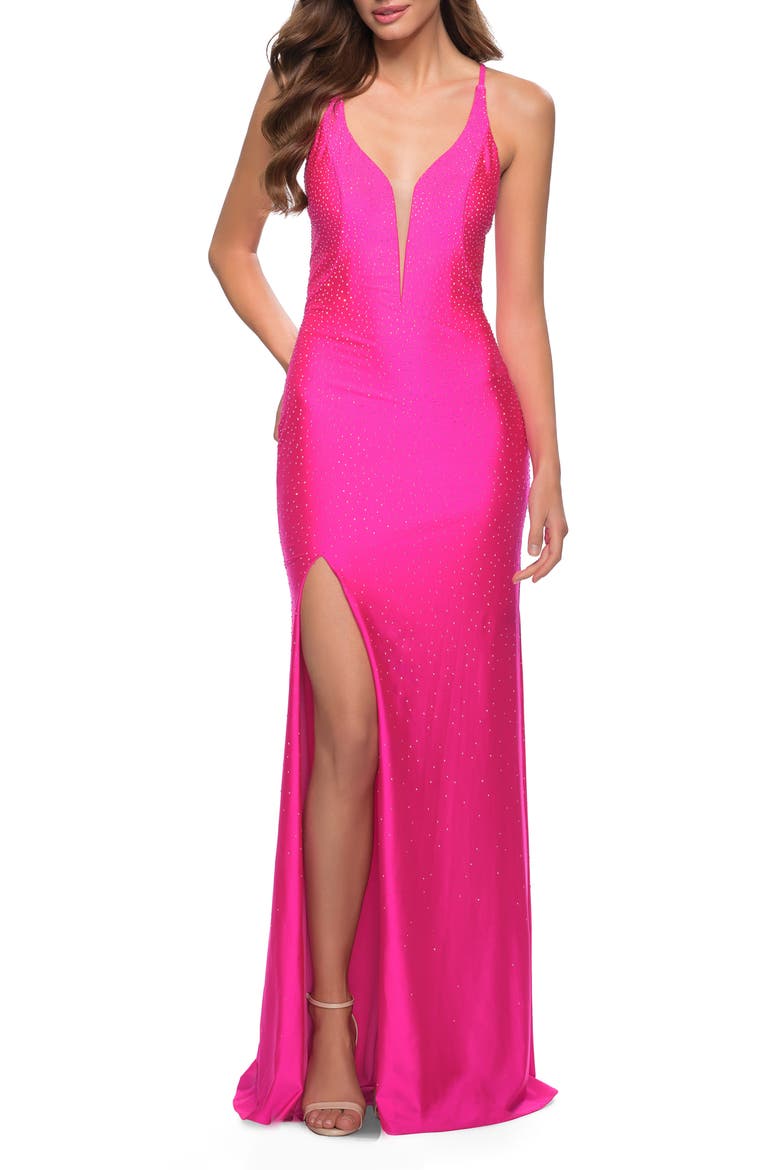 Neon Prom Gown with Rhinestone Fabric and Deep V, Alternate, color, NEON PINK