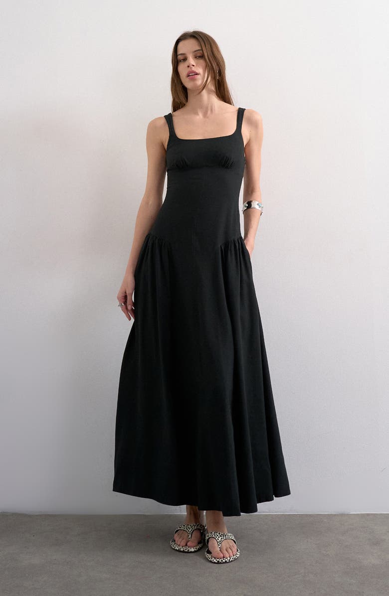 Topshop Gathered Fit & Flare Maxi Dress, Main, color, Black
