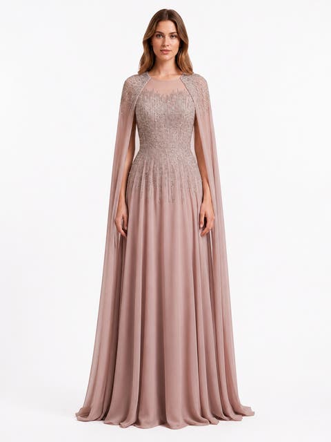 Chiffon A-line Long Gown with Long Cape Sleeves