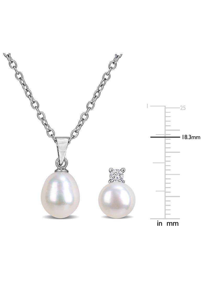 Cubic Zirconia & Cultured Pearl Pendant Necklace & Stud Earrings Set, Alternate, color, SILVER