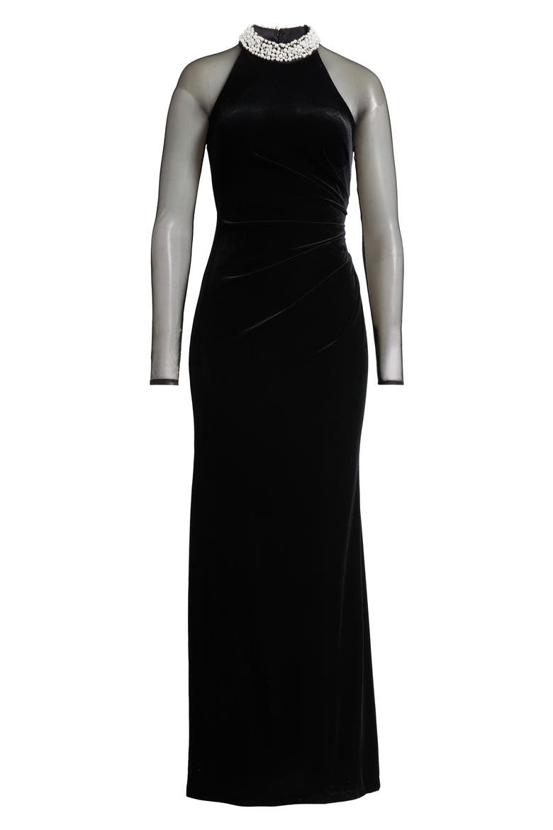 Long Sleeve Stretch Velvet & Mesh Column Gown, Alternate, color, BLACK