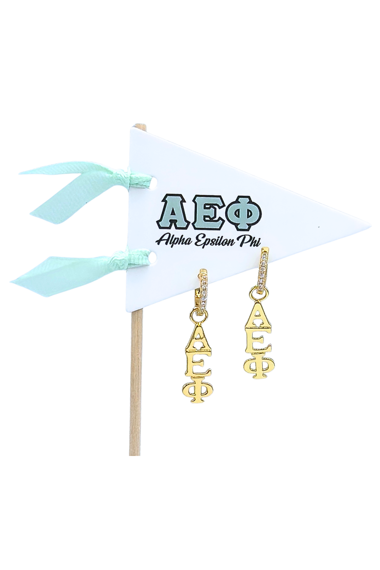Alpha Epsilon Phi Greek Letter Huggie + Charm Earrings, Main, color, Yellow Gold