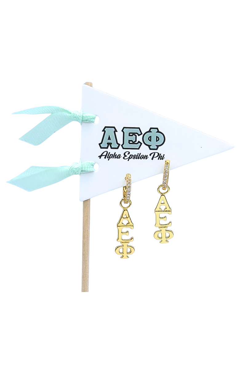 Color Shout Alpha Epsilon Phi Greek Letter Huggie + Charm Earrings, Main, color, Yellow Gold