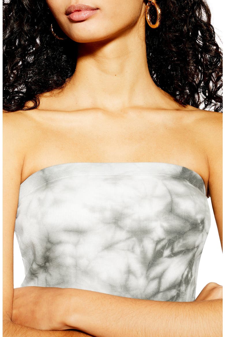 Strapless Tie Dye Bandeau Midi Dress, Alternate, color, GREY MULTI