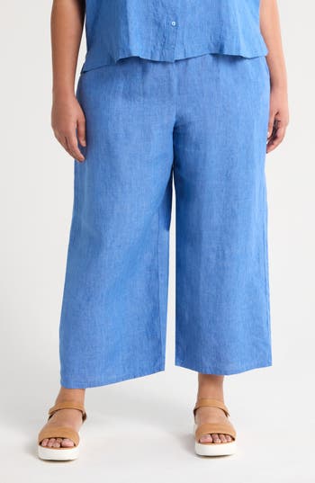 Eileen Fisher Wide Leg Organic Linen Cropped Pants In Blue
