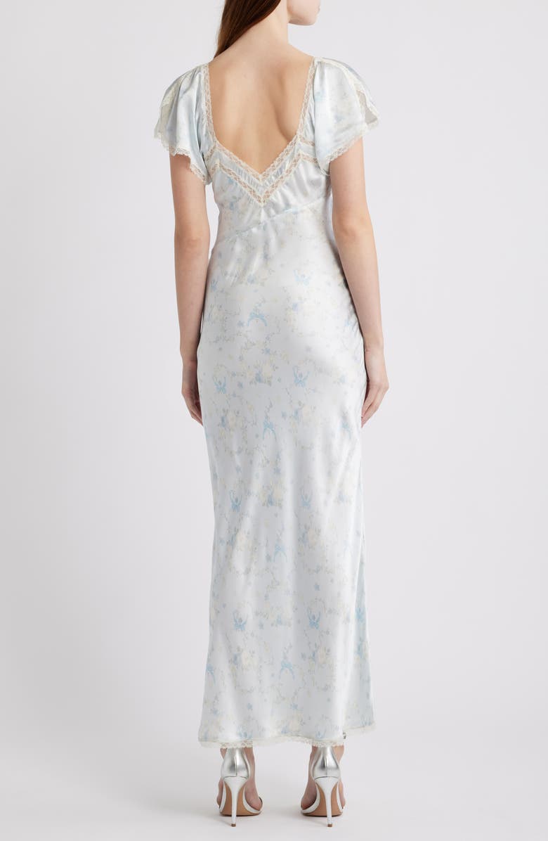 LoveShackFancy Eline Floral Print Lace Trim Silk Maxi Dress, Alternate, color, Snowdrop Blue