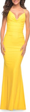 La Femme Soft Jersey Ruched Dress with Draped Neckline