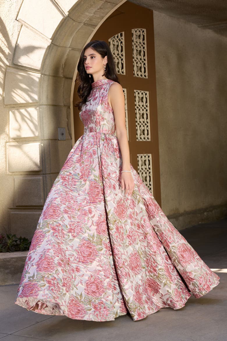 Floral Brocade Sleeveless Ball Gown with V-Back, Alternate, color, Rose Multi