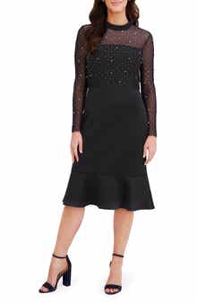 London Times Long Sleeve Faux Pearl Illusion Midi Dress