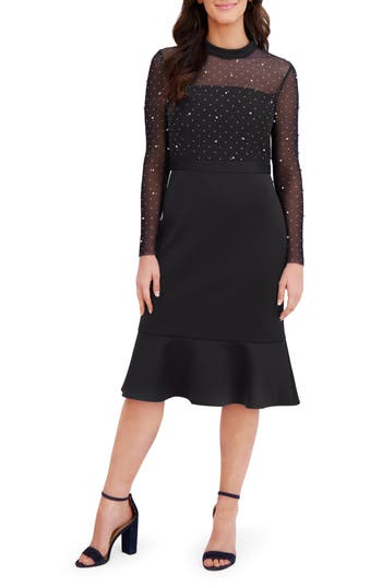 London Times Long Sleeve Faux Pearl Illusion Midi Dress In Black