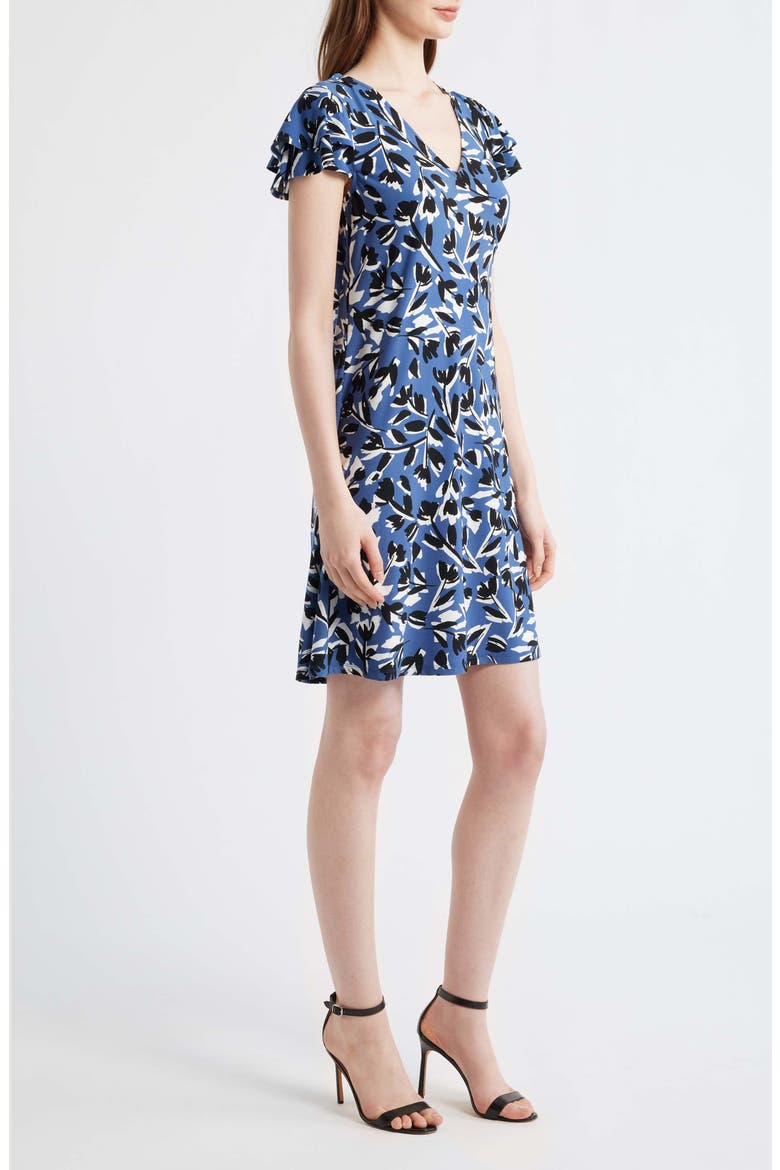 Abstract Floral Print V-Neck Swing Dress, Alternate, color, BLUE JAY MULTI