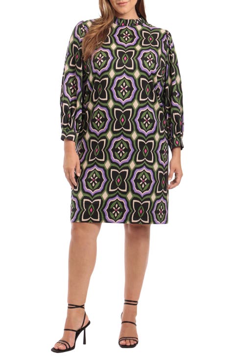 Abstract Print Balloon Sleeve Shift Dress (Plus Size)