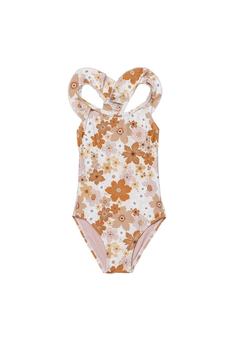 Nostalgic Bloom Square Neck Ruffle One Piece Swimsuit, Alternate, color, Brown-Haze