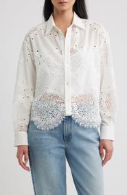CISSA Embroidered Eyelet Lace Button Down Shirt