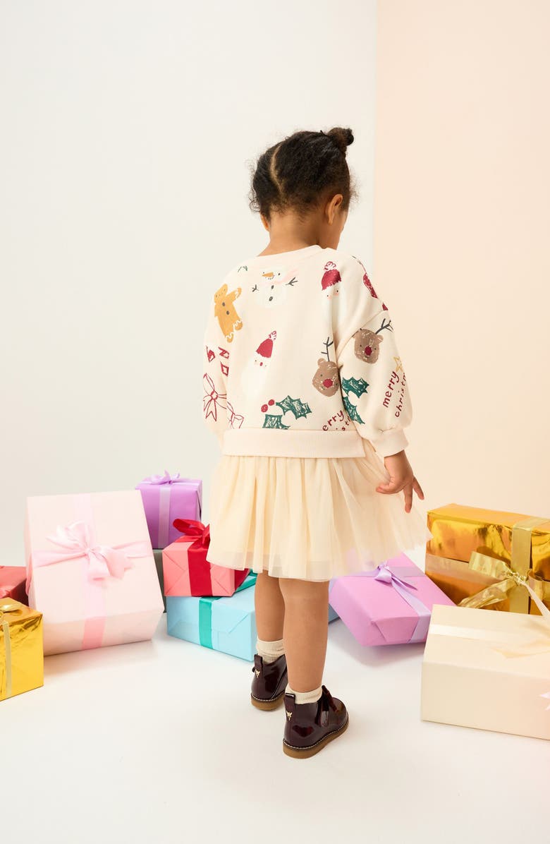 NEXT Kids' Christmas Print Mixed Media Long Sleeve Sweatshirt Dress, Alternate, color, Neutral