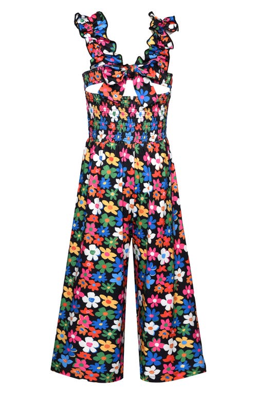 Truly Me Kids' Floral Ruffle Jumpsuit In Black Multi
