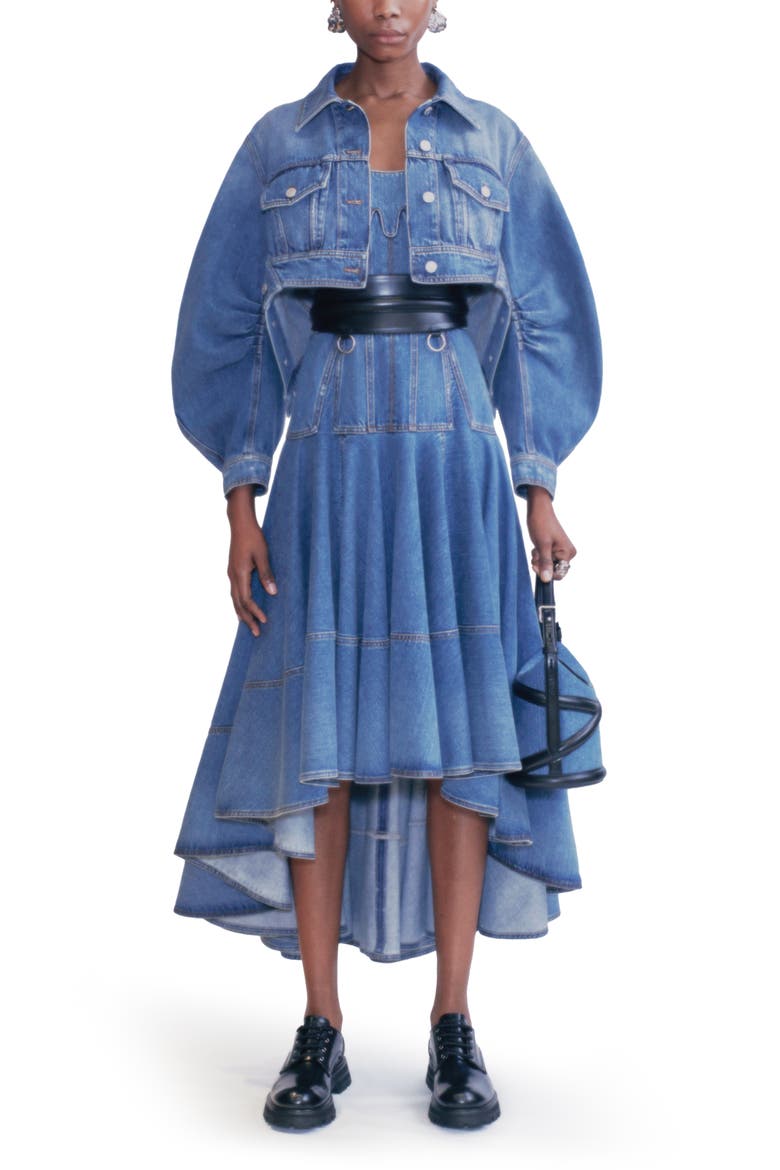 Alexander McQueen Full Sleeve Crop Denim Jacket, Main, color, INDIGO WASHED