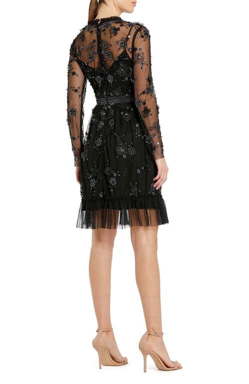 Mac Duggal Sheer Long Sleeve Embellished Midi Dress In Black