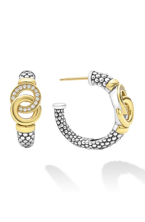 Signature Caviar Two-Tone Interlocking Diamond Hoop Earrings