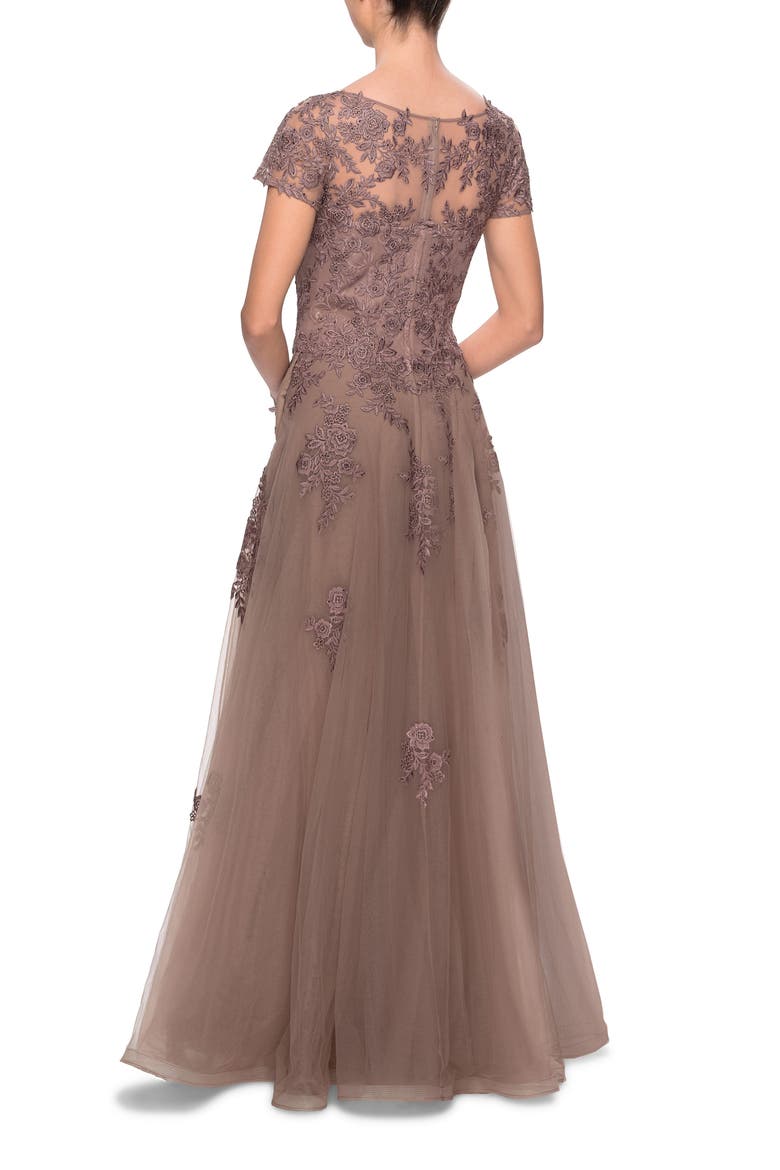 A-line Formal Gown with Floral Lace Appliques, Alternate, color, COCOA
