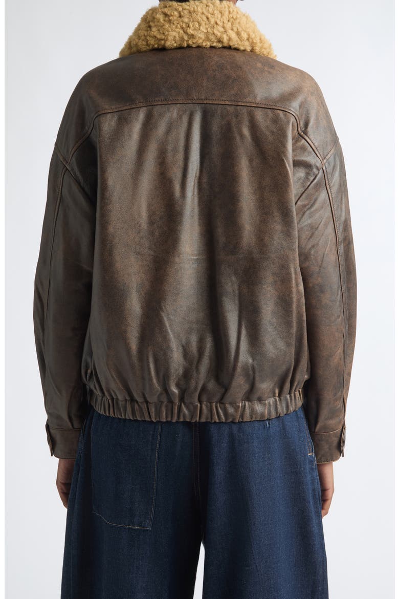 Leather Bomber Jacket with Removable Genuine Shearling Collar, Alternate, color, BROWN