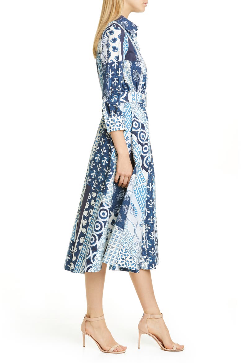Woodblock Print Long Sleeve Poplin Midi Shirtdress, Alternate, color, INDIGO