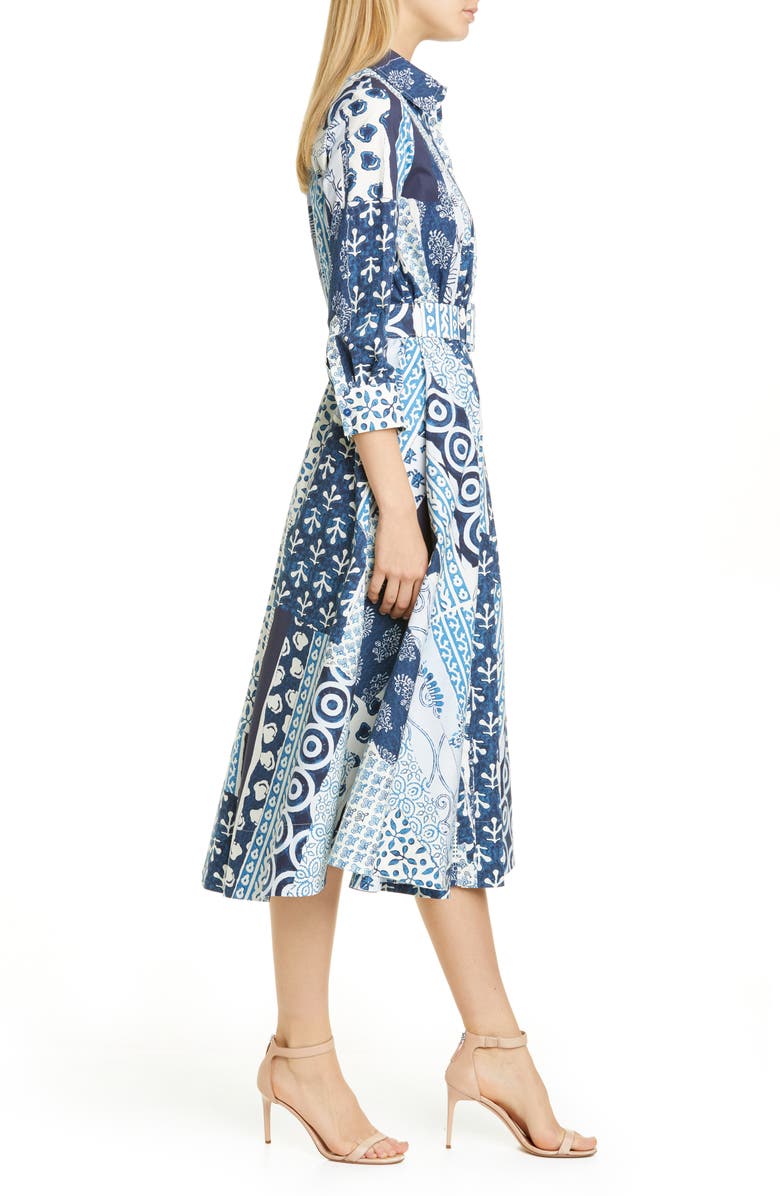 Oscar de la Renta Woodblock Print Long Sleeve Poplin Midi Shirtdress, Alternate, color, 