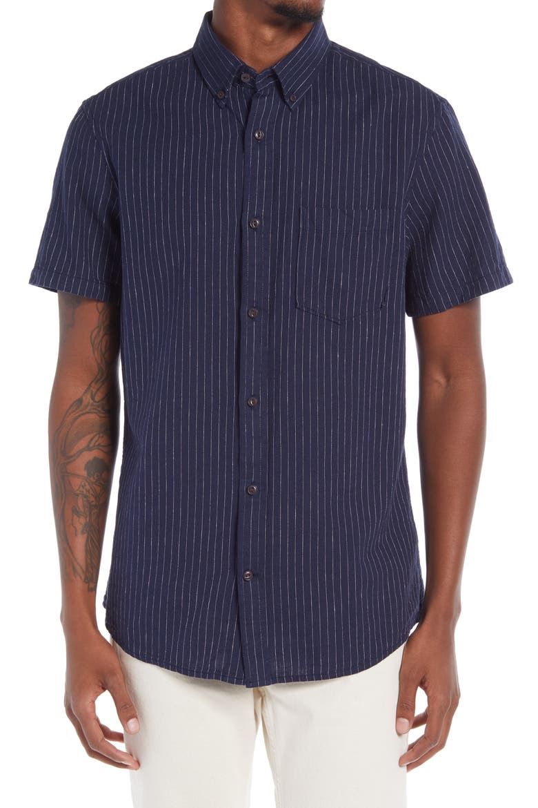 Linen Blend Short Sleeve Button-Down Shirt, Main, color, NAVY WHITE PINSTRIPES