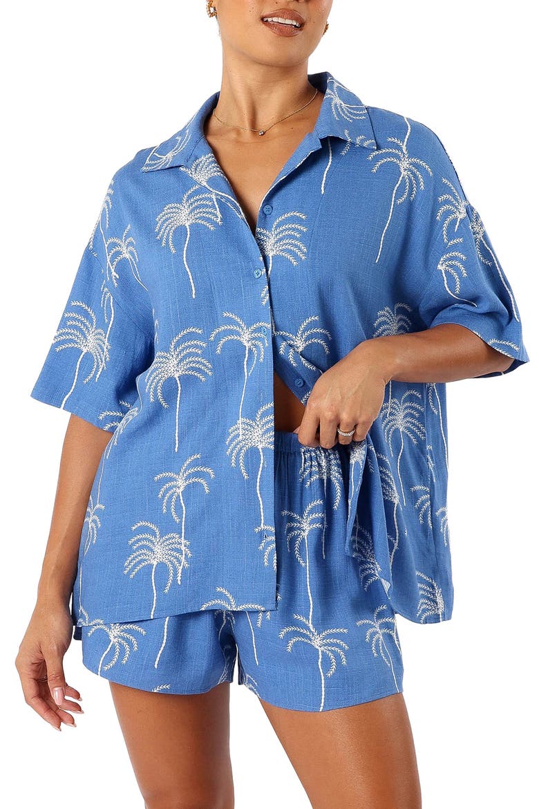 Amira Short Sleeve Button-Up Shirt, Main, color, BLUE PALM PRINT