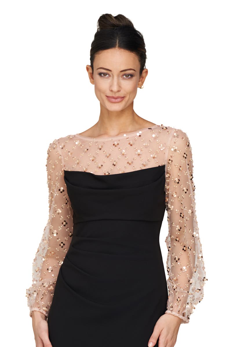 JS Collections Risha Metallic Floral Appliqué Detail Long Sleeve Crepe Column Gown, Alternate, color, 