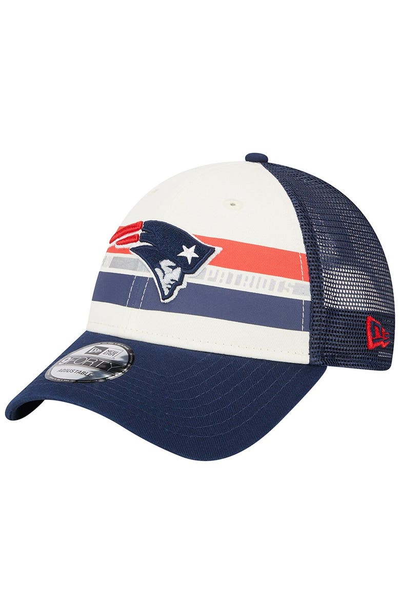 New Era Men's New Era Cream/Navy New England Patriots Team Stripe Trucker 9FORTY Snapback Hat, Main, color, Cream