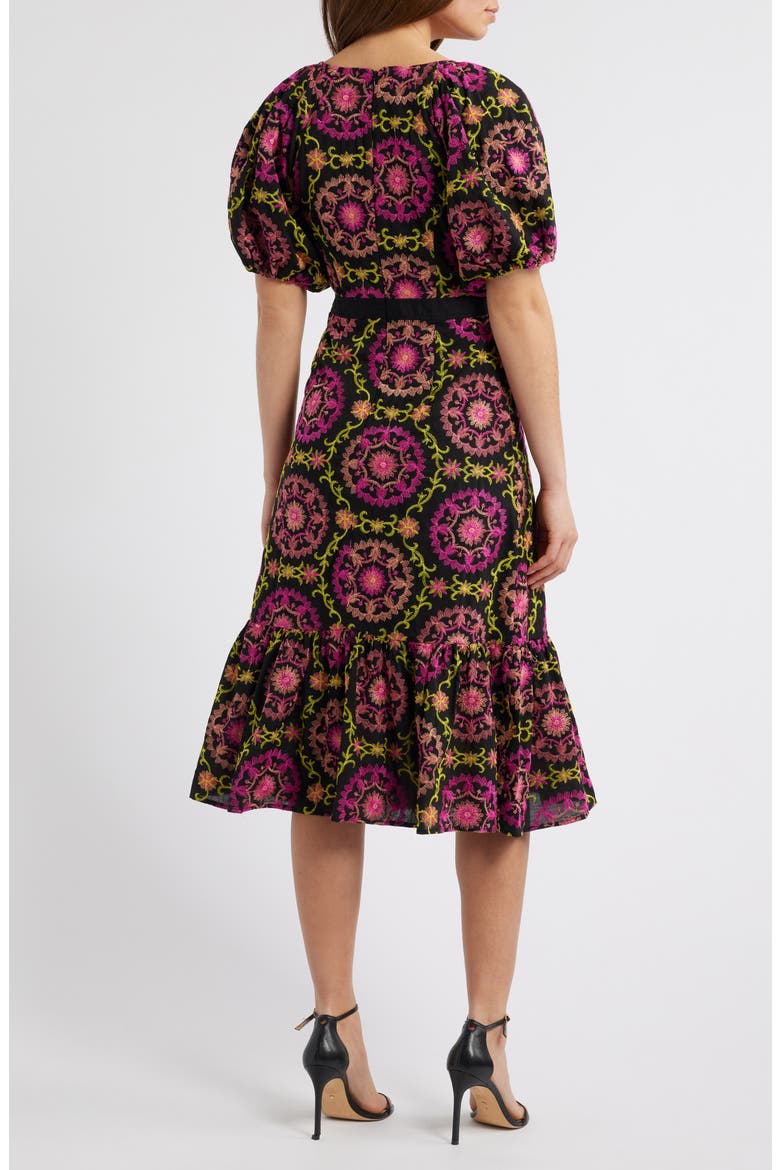 Embroidered Puff Sleeve Midi Dress, Alternate, color, BLACK/ PINK