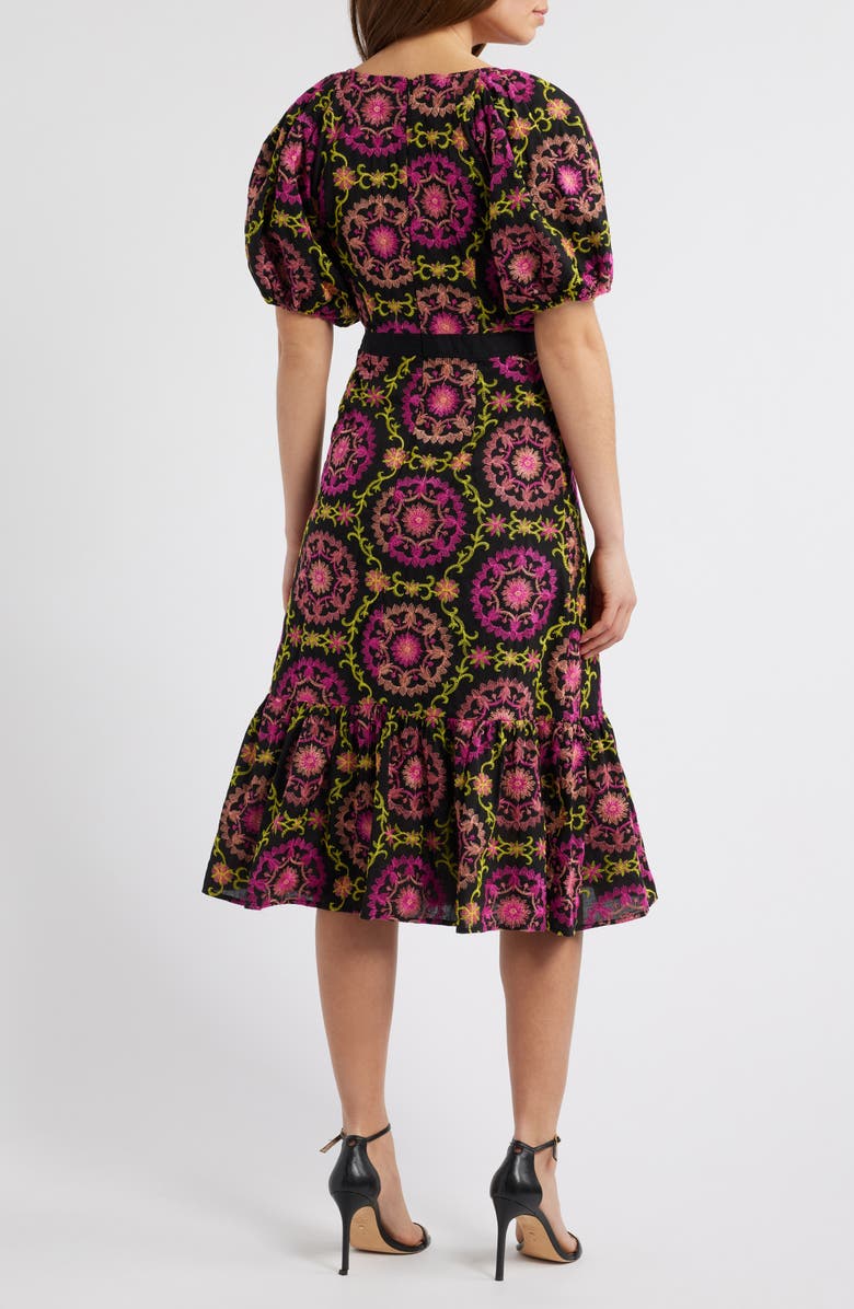Sam Edelman Embroidered Puff Sleeve Midi Dress, Alternate, color, Black/ Pink