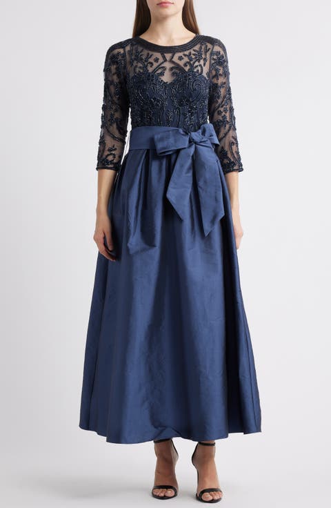 Beaded Illusion Neck Taffeta Cocktail Dress