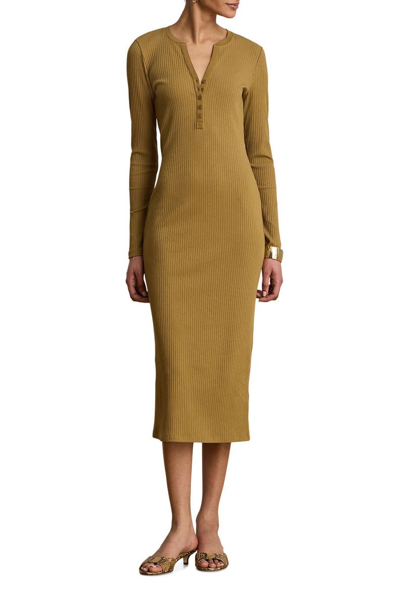Long Sleeve Henley Midi Dress, Main, color, TOBACCO BRONZE BROWN