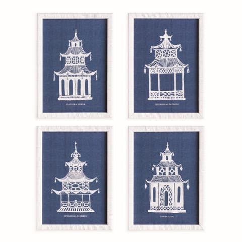 Traditional Pagoda Study Art Prints, Set of 4 - Blue