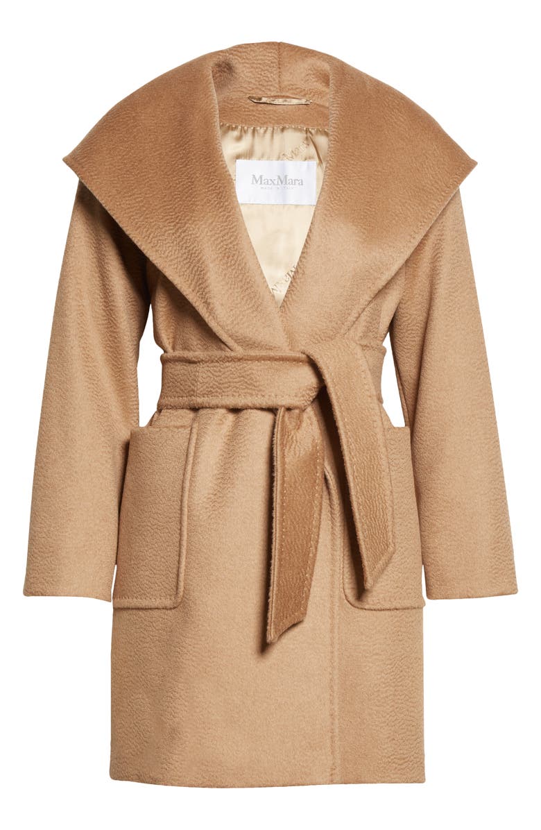 Max Mara Rialto Hooded Camel Hair Wrap Coat, Alternate, color, Camel