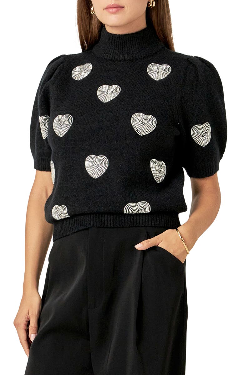 English Factory Heart Embellished Puff Sleeve Sweater, Alternate, color, Black
