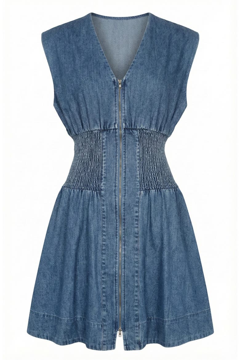 Denim Cap Sleeve Smocked Mini Dress, Alternate, color, Medium Wash Blue