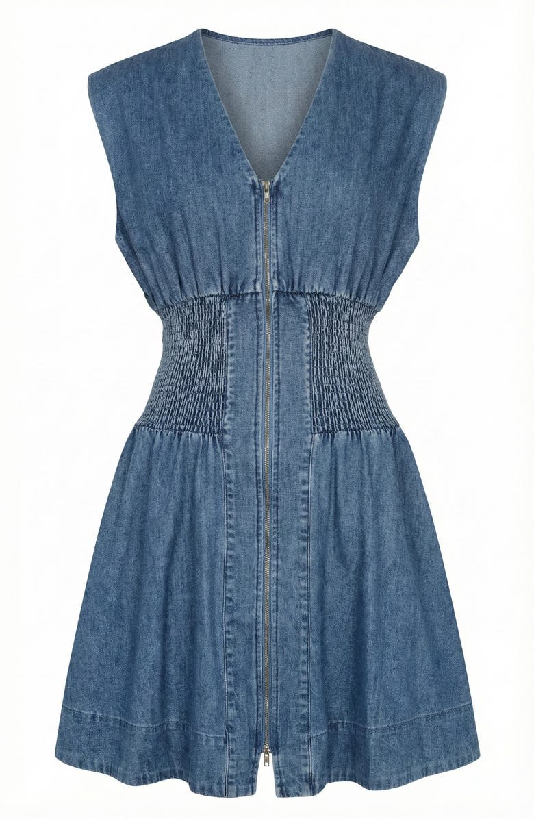 Modenaire Denim Cap Sleeve Smocked Mini Dress, Alternate, color, Medium Wash Blue