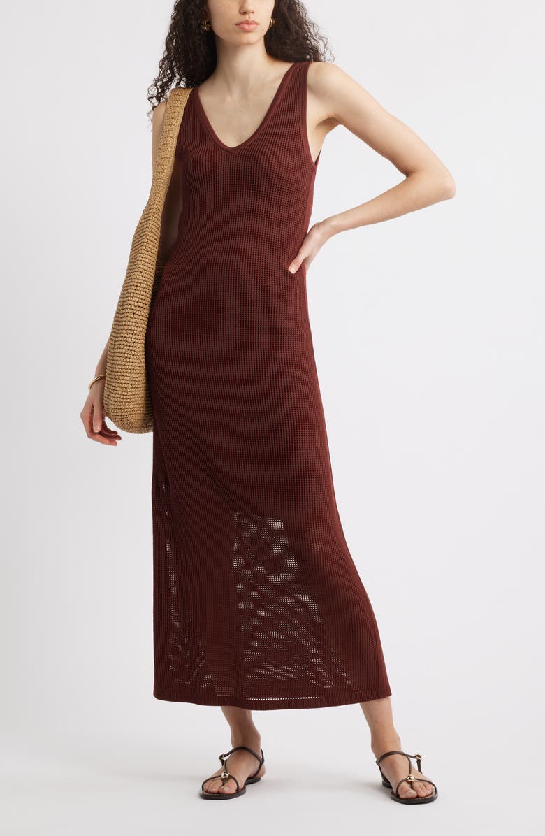 Nordstrom Sleeveless Open Stitch Maxi Sweater Dress, Alternate, color, Brown Raisin