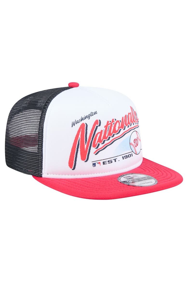 Men's New Era White/Red Washington Nationals Retro Script Trucker 9FIFTY Snapback Hat, Alternate, color, White
