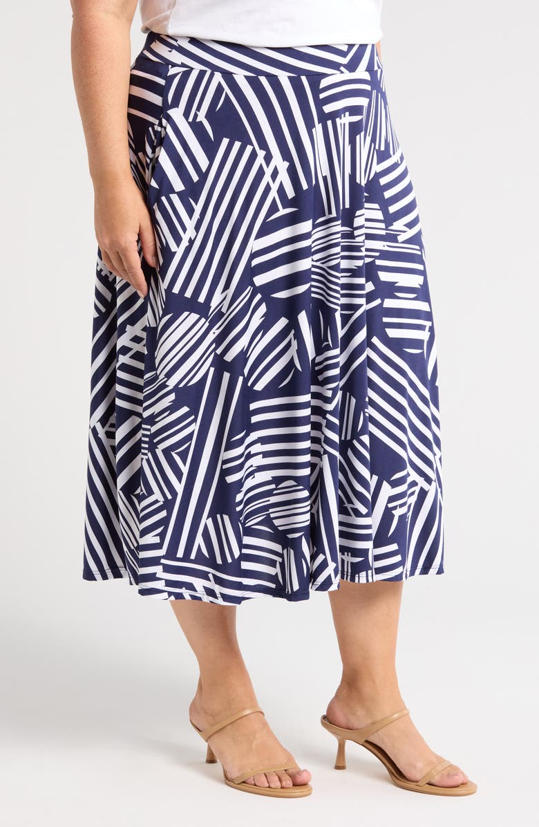 24seven Comfort Apparel Geometric Print Midi Skirt, Alternate, color, Navy Multi