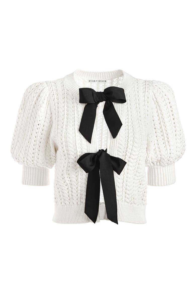 Kitty Bow Front Wool & Cotton Blend Cardigan, Alternate, color, SOFT WHITE/ BLACK