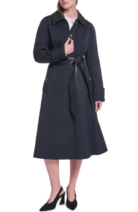 Faux Leather Trim Trench Coat