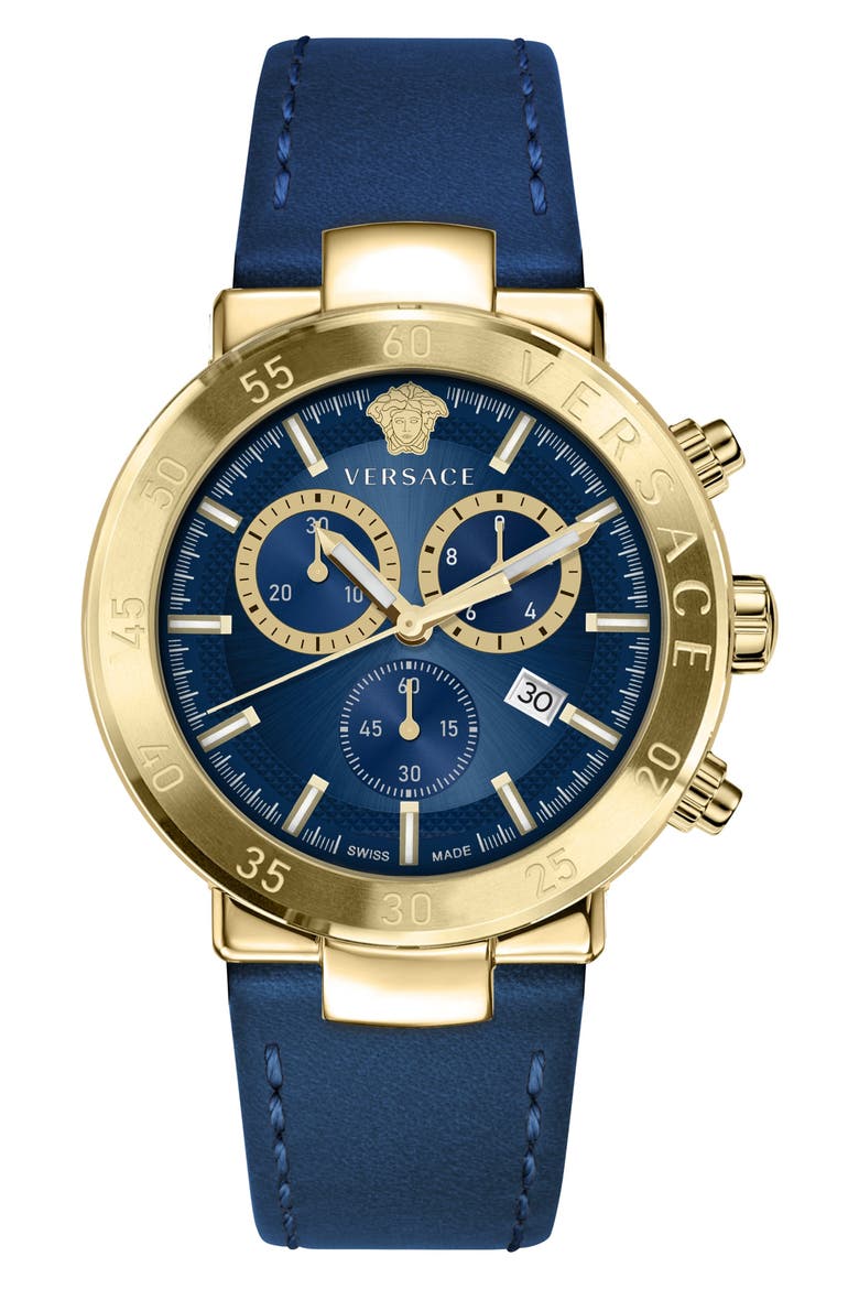 Urban Mystique Chronograph Leather Strap Watch, 43mm, Main, color, GOLD