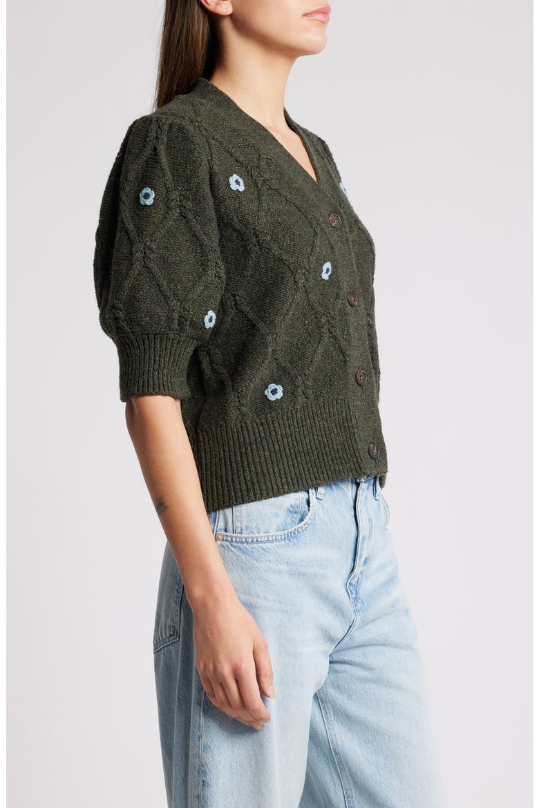 Isla Floral Embroidered Elbow Sleeve Button-Up Cardigan, Alternate, color, FOREST DAISIES