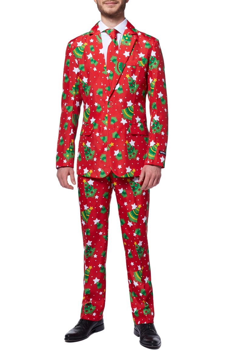 OppoSuits Christmas Trees & Stars Trim Fit Suit & Tie, Main, color, Red