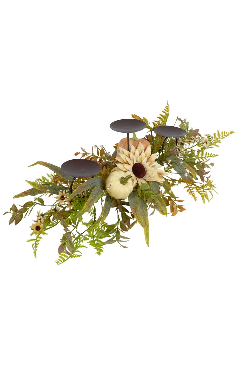 Northlight Sunflowers and Pumpkins Fall Harvest Triple Pillar Candleholder - 28", Alternate, color, Green